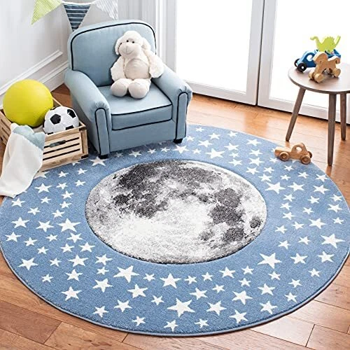 SAFAVIEH Carousel Collection 5'3" Round Light Blue/Grey CRK135L Moon & Stars ...