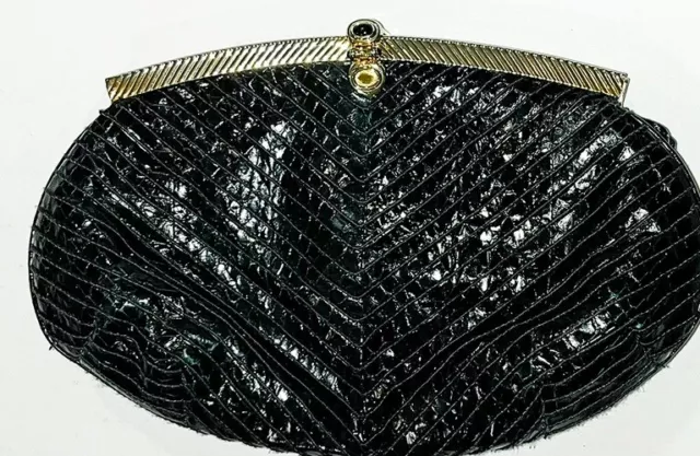 Judith Leiber Genuine Snakeskin Tiger Eye Gem Clutch Shoulder Evening Bag Black