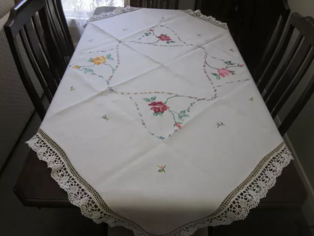 Gorgeous Vintage Hand Embroidered Large Roses Linen Tablecloth