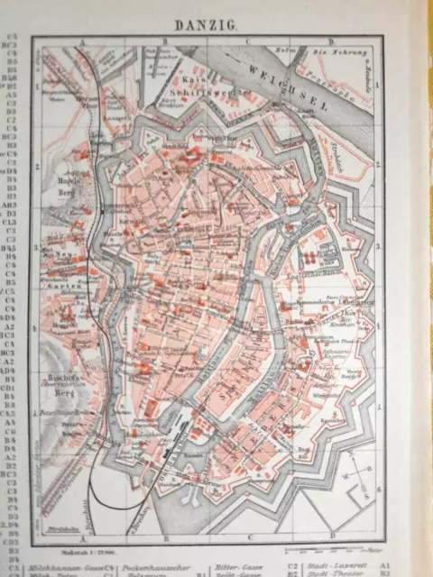 1890 ORIGINAL VINTAGE MAP Danzig Poland Meyers Konversations-Lexikon C10-1