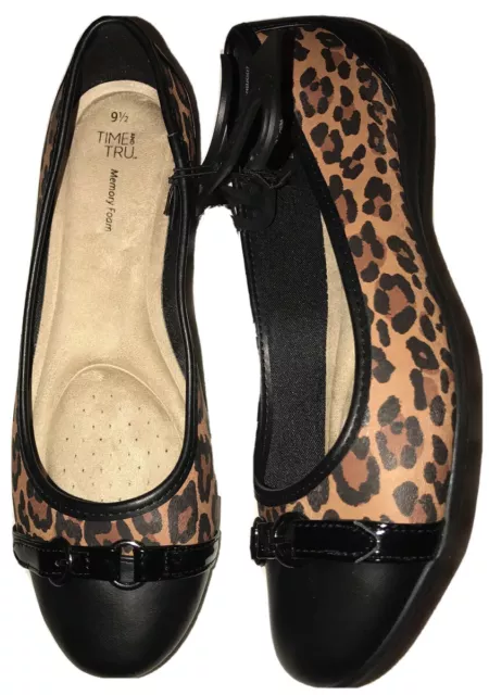 TIME & TRU Women's Dressy Comfort Flats Shoes Black Leopard Print Size 9.5