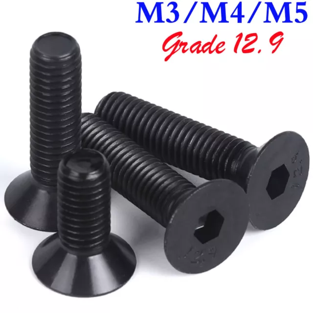 M3 M4 M5 Black Grade 12.9 Flat Head Countersunk Hex Socket Screws Allen Bolts