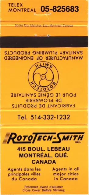 Montreal Quebec Canada Roto Tech-Smith Vintage Matchbook Cover