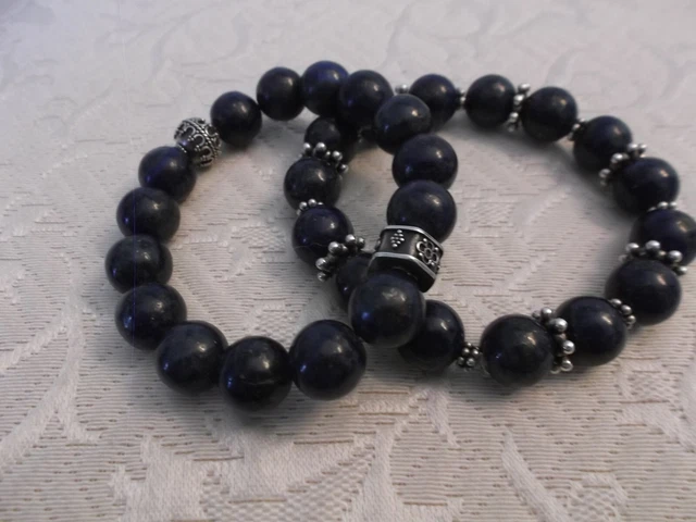 Paar blaue Lapis & Sterlingsilber 8" Stretcharmbänder