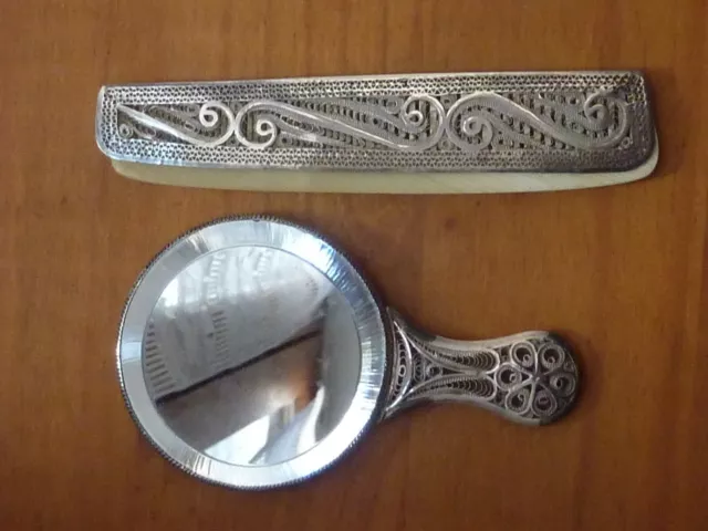 Vintage Bel Ensemble Miroir et Peigne à Monture en Argent Filigrane