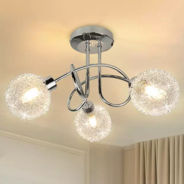 Moderne 3-Licht Unterputz Deckenleuchte Chrom Glas Kronleuchter Deckenlampe