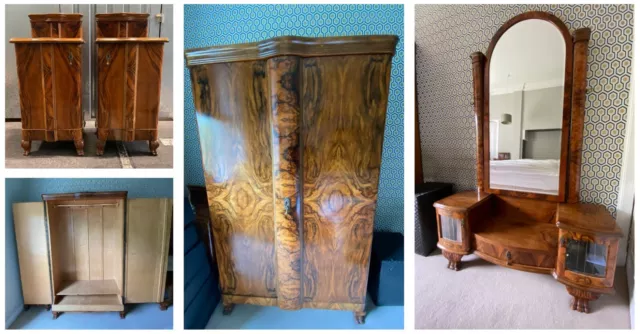 Antique 1920s art deco burr walnut 5pc set (wardrobes, dresser, side cabinets)