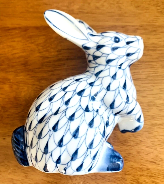 Vintage Andrea by Sadek Porcelain Fishnet Hand-Painted Bunny Rabbit Blue White
