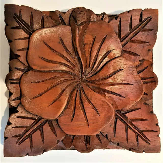 Hibiscus Hard Wood Carved Wall Hanging Decor Art Bali Balinese Carving 10cm