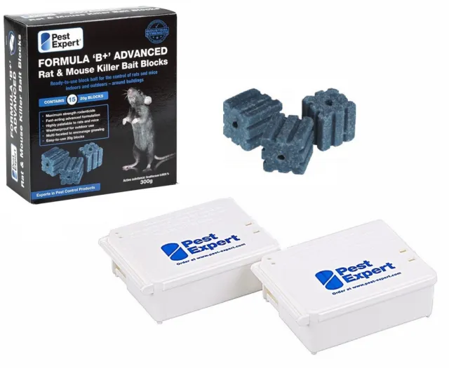 Mouse Poison Pest Expert Formula B 15 x Strong Bait Blocks & 2 Mouse Bait Boxes