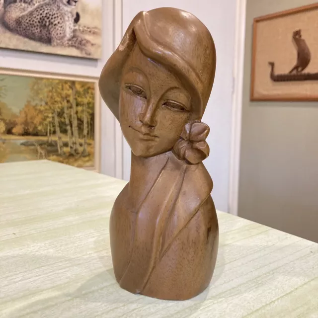 Vintage Carved Wooden Lady Head Bust Statue Retro Figure Mid Century Ornament