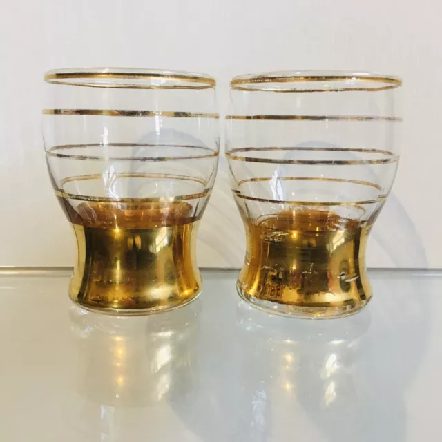 Vintage Pair Gold Plated Gilt Banded Shot Glasses.