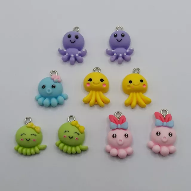 Cute Little Octopus Charms x 9 - Pendants - Sea Animal Resin Charms - Jewellery