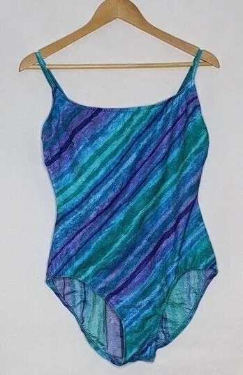 COLE CALIFORNIA SWIMSUIT 16 XL Vintage 80s ONE PIECE BLUE STRIPED SOFT PADDING