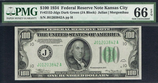 TOP POP NOTE. $100 1934 Kansas City FRN. DGS. Dark Green Seal. PMG 66 EPQ.
