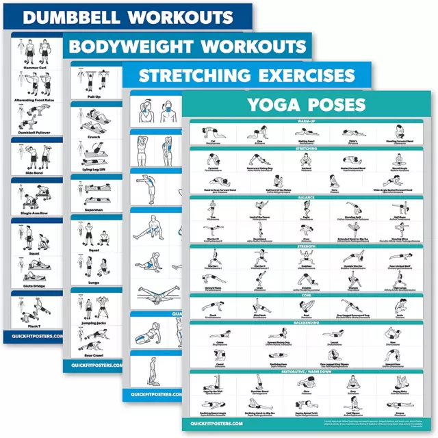 Dumbbell  Bodyweight Workouts Stretching Exercises & Yoga - Set of 4 Charts Lam.