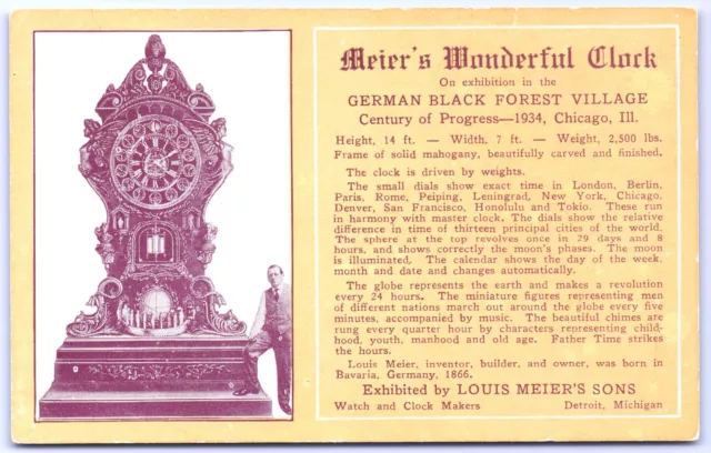 Postcard Illinois IL German Black Forest Village Chicago Meier's Clock c.1934 I7