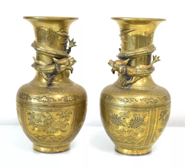 Vintage Pair Of Chinese Chinoiserie Heavy Brass Vases with Entwined Dragons