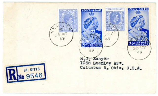 1948 St Kitts Nevis / Leeward Islands Jubilee Stamps Registered To Columbus, Oh