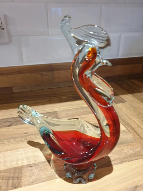Vintage Murano Sommerso Glass Cockerell Bird Sculpture Or Bowl Red And Clear