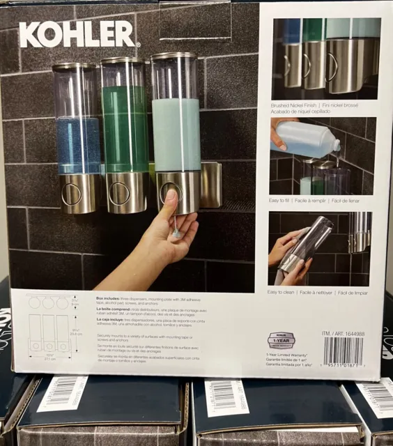 Kohler Triple Wall Mount Shower Dispenser Holds 16.9oz Brushed Nickle Easy Fill