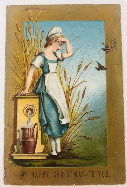 Victorian Christmas Card Girl with Wheat at Well A Happy Christmas to You