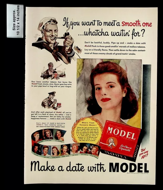 1943 Model Smoking Tobacco Pipe Cigarette Woman Date Vintage Print Ad 32868