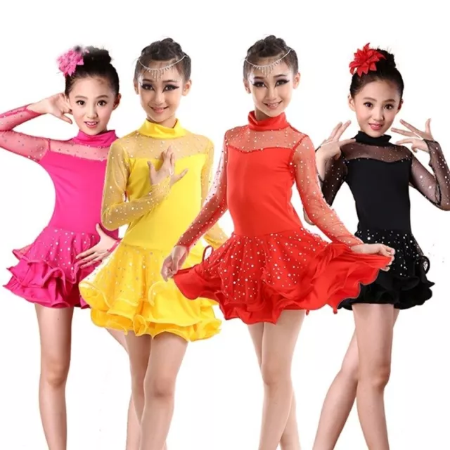 Child Kid Girl Latin Dance Dress Salsa Dancewear Mesh Sequins Ballroom Ruffle