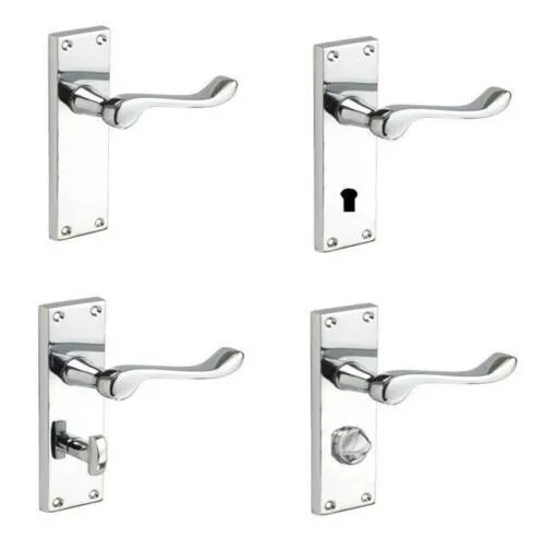 Polished Chrome Door Lever Handles Lock, Latch, Privacy or Bathroom Pair Scroll