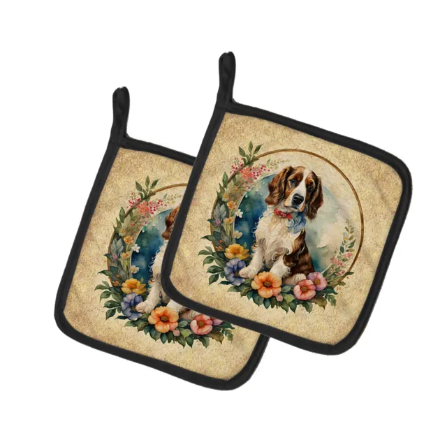 Welsh Springer Spaniel and Flowers Pair of Pot Holders DAC2210PTHD