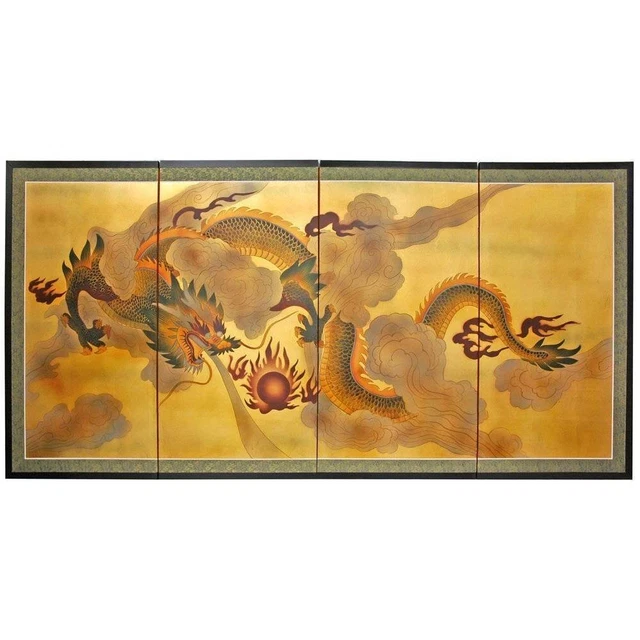 Handmade Dragon in the Sky Gold Leaf Silk Screen Painting Gold