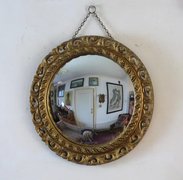 Vintage Round Convex Mirror Gilt Wood & Gesso Rococo Frame Retro Art Deco