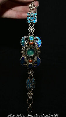 7.6" Old Chinese Silver enamel Jade Gems Ornaments Jewelry Bracelet Statue