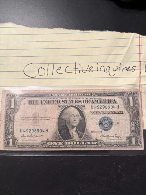Series 1935 E Blue Seal. One Dollar Silver Certificate Note. Rare