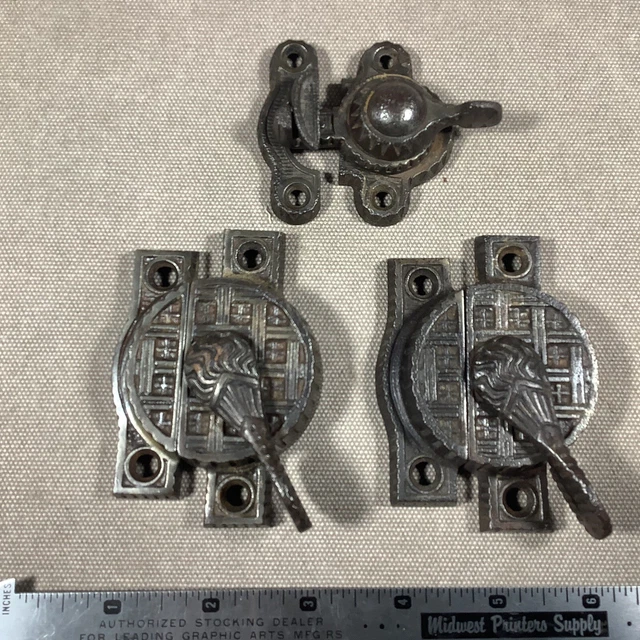 3 Antique Cast Iron Window Sash Locks 1890s