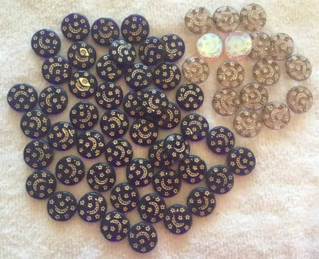 Blue Cobalt & Clear Round Glass Beads w Gold Etching~Jewelry Making 64 Pcs Nice!