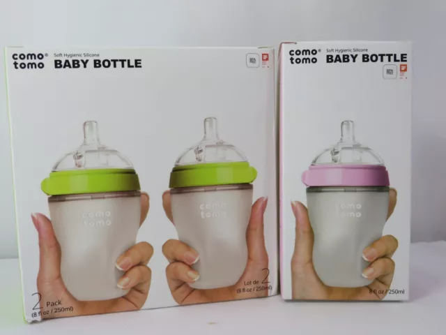 Lot Of 3 New Comotomo Baby Bottle Set, (2)  Green & (1) Pink - 8oz - New