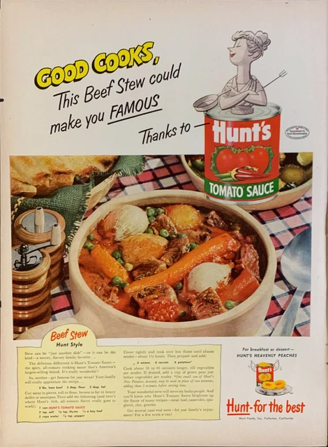 Vintage 1952 Hunt's Can Tomato Sauce W/ Beef Stew Recipe Print Ad Advertisement
