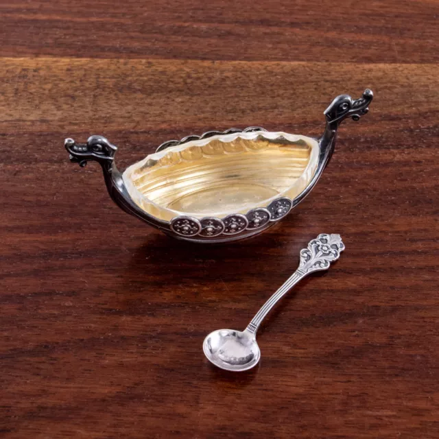 T O Eftf Norwegian 925S Salt Cellar Viking Ship Marthinsen Viking Rose Spoon