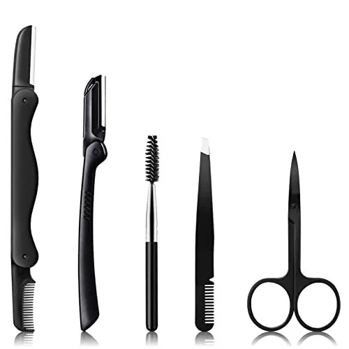 Eyebrow Razor Kit, 5In-1 TrimmerSet, Comb Tweezers, Scissors, Brow Razors, Brush