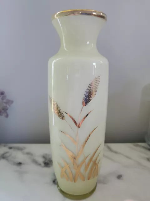 Vintage 8" Gilded Glass Vase Yellow Gold Wheat Made in Japan Enesco