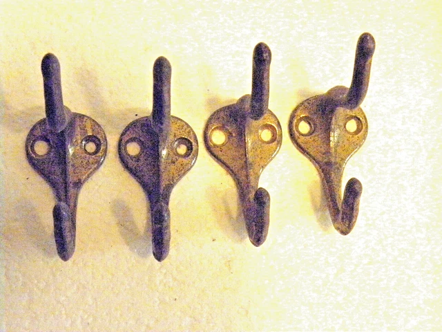 4 Vintage Brass? Double Wall Hooks - Coat Hat Clothes Hooks With Screws A++ COND