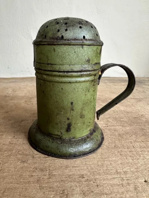 Antique Tin Muffineer Footed Sugar Shaker Tin Best Olde Green Paint ￼