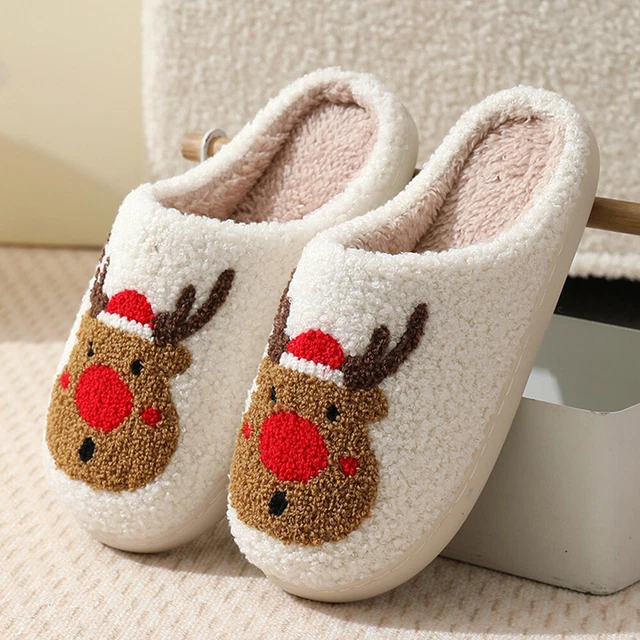 Women Men Christmas Deer Slippers Winter Anti Slip Slipper (Red 36-37 Fit35-36)