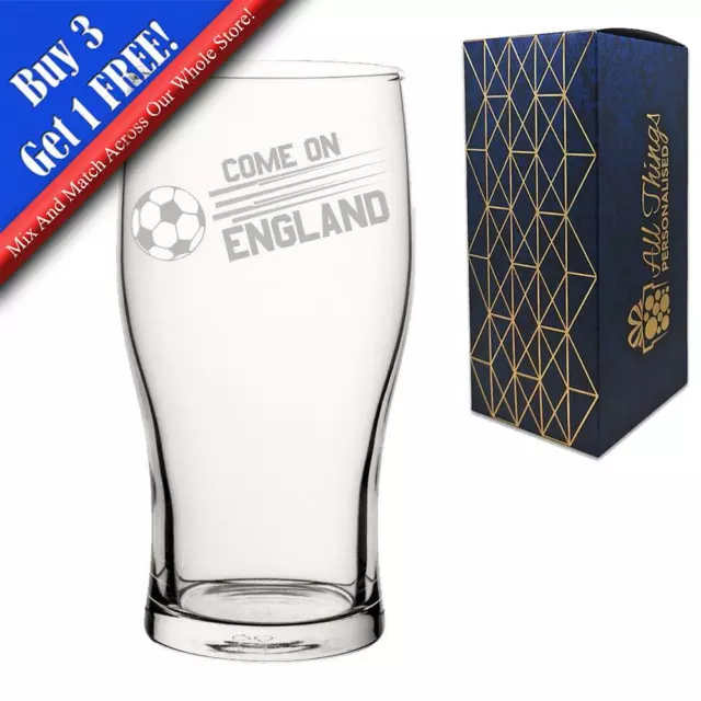 Engraved Football Pint Glass, Come On England Straight Football Design