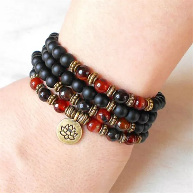 8MM 108 Black Onyx Buddha beads Lotus Pendant Bracelet energy woman yoga Mala