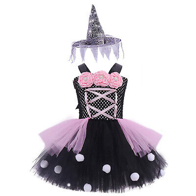 Kids Girls Witch Costume Tutu Dress Hat Halloween Carnival Party Cosplay Outfits