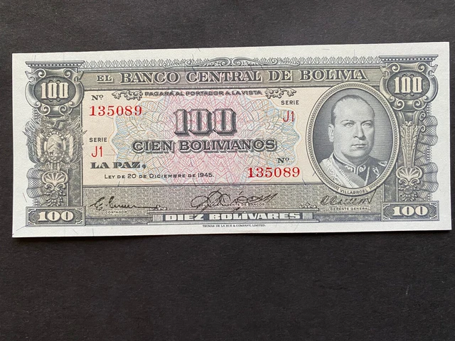BOLIVIA, 1945, Billete Banco Central de Bolivia, 100 BOLIVIANOS, Serie J1, UNC