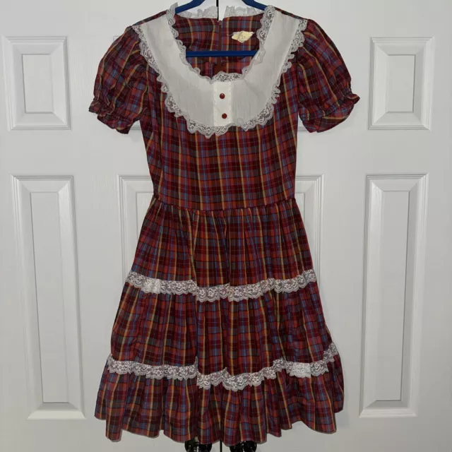 Square Dance Dress Jeri Bee Red Plaid W/ Lace Trim Vintage Rockabilly PinUp Sz 8