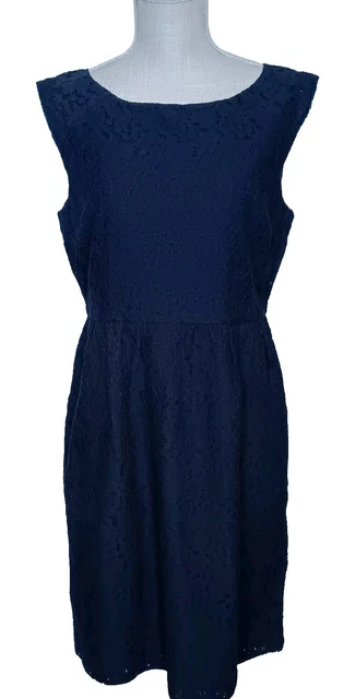 J CREW FACTORY Eyelet Floral Dress Size 8 Navy Blue Lined Sleeveless ...
